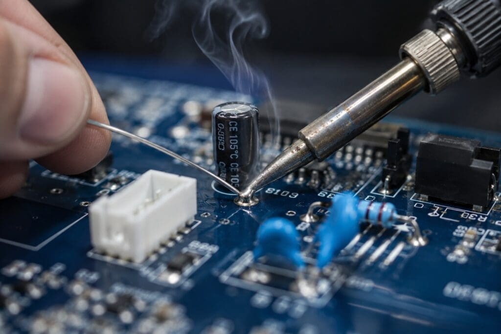 Through-hole component soldering on a high-reliability PCB at Key-Tech