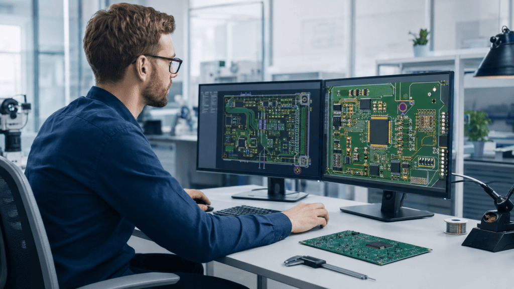 Engineer carrying out a design for manufacture review on a PCB layout at Key-Tech.