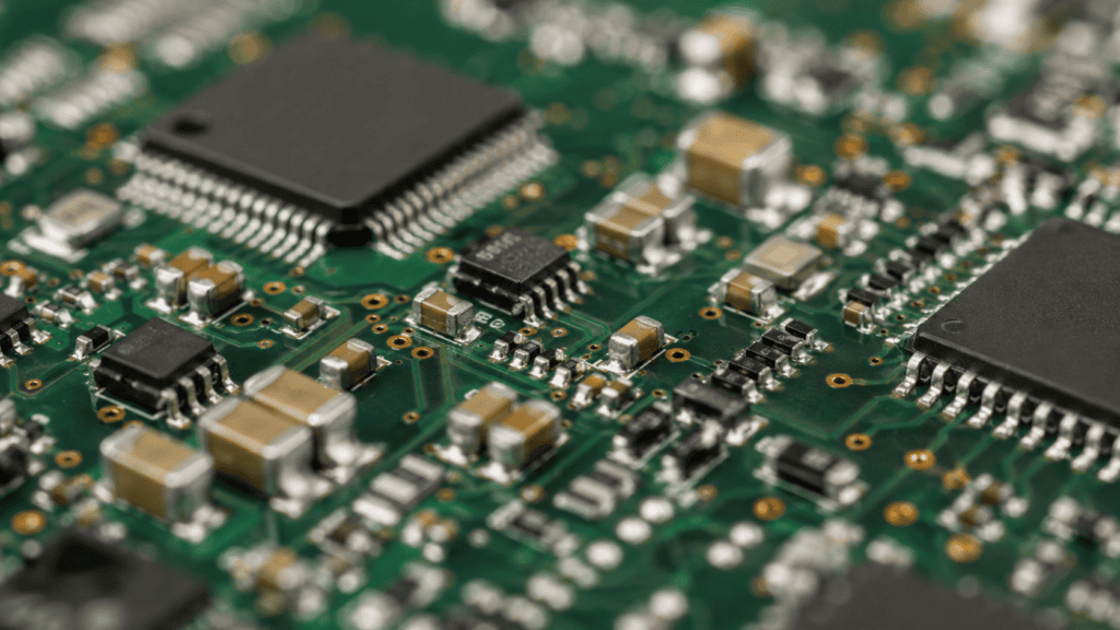 Close-up of PCB component footprints checked during a design for manufacture review.