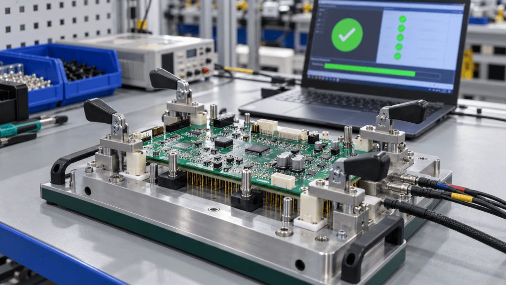 PCB functional testing on a custom test fixture at Key-Tech in Kirkcaldy, Fife