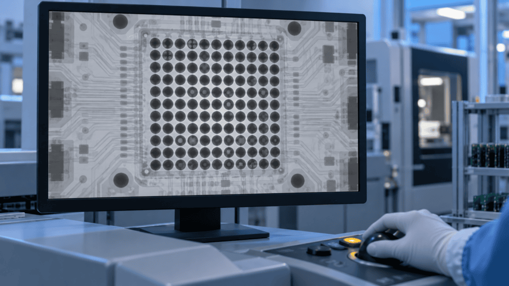X-ray PCB inspection showing BGA solder joints hidden under a component
