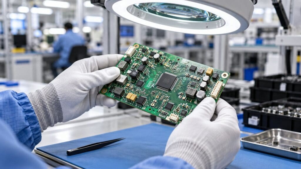 Engineer inspecting a printed circuit board during PCB assembly in Scotland