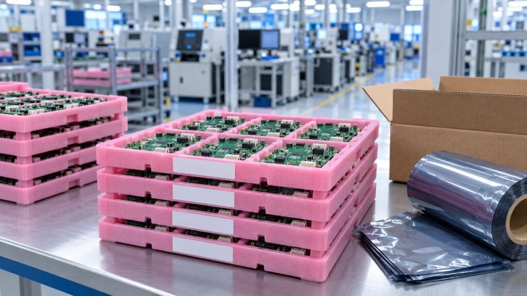 Finished circuit boards from a UK PCB assembly line packed and ready for dispatch